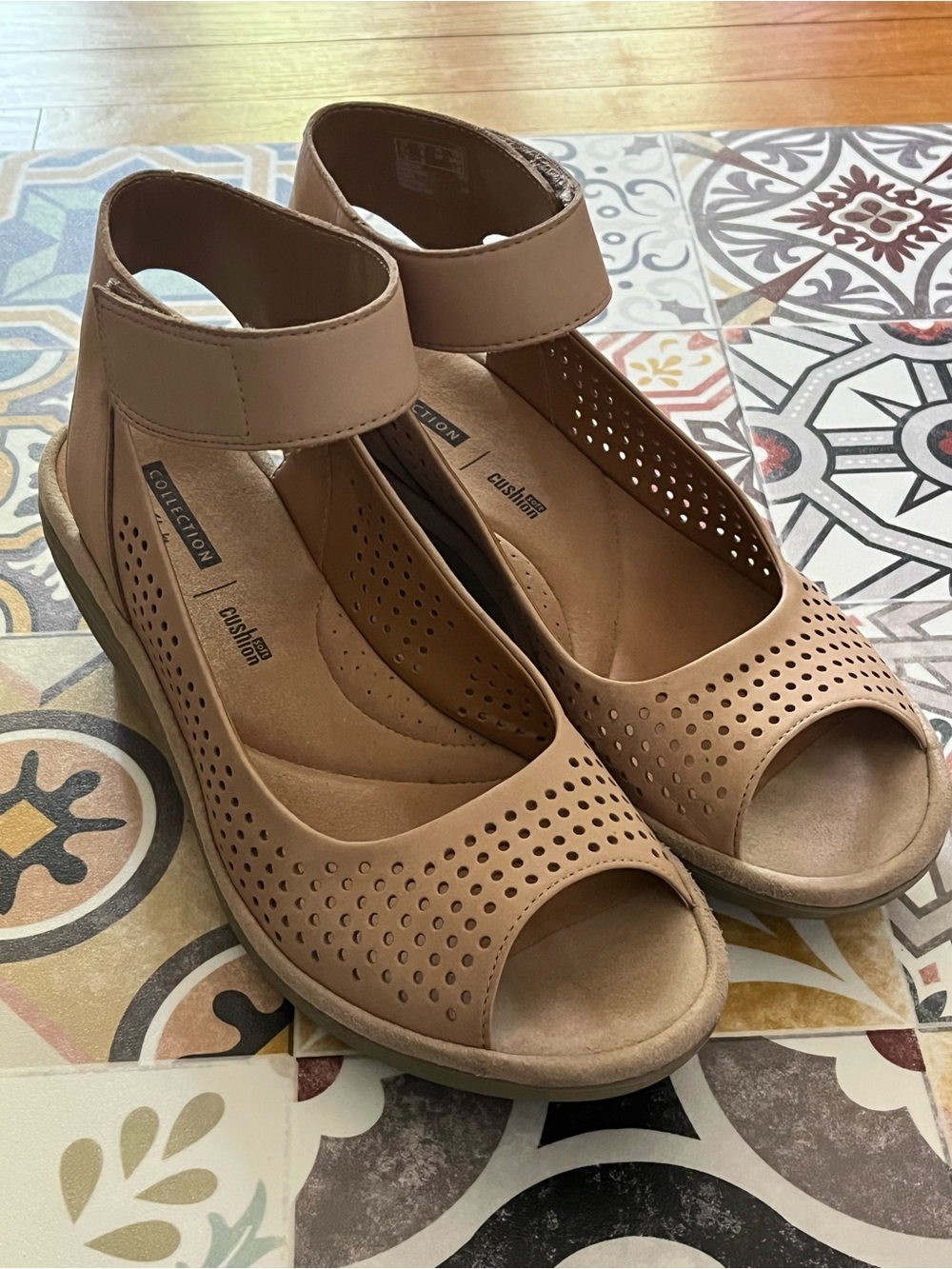 Clarks Tan Perforated Open-Toe Wedge Sandals